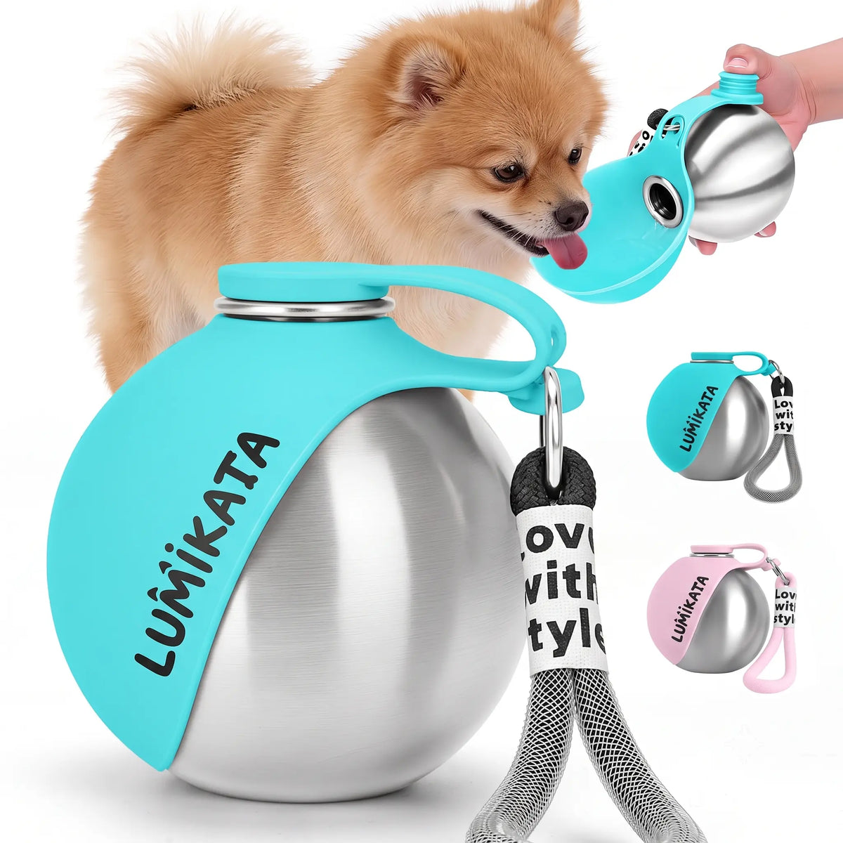 Lumikata 2-In-1 Portable Dog Water Bottle - 10Oz Stainless Steel, Silicone Foldable Bowl Mode, Leak-Proof Water Ball for Small Dog Walking, Pet Feeding Supplies, Water Bottles